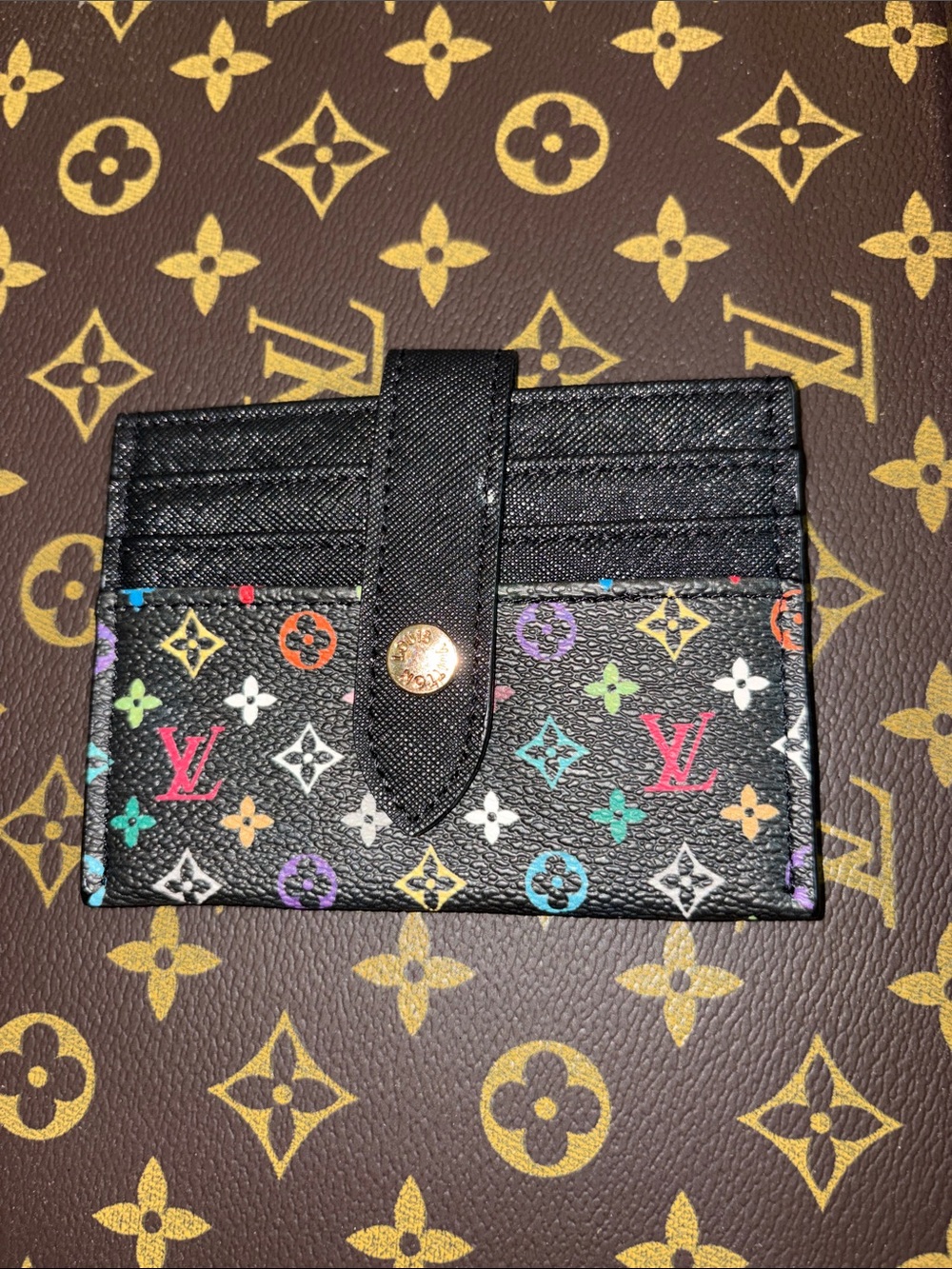 Designer Inspired Black Multicolor Monogram Card Holder with Snap